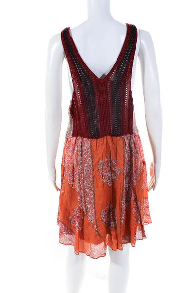 Free People Womens Knit Floral Sleeveless A Line Dress Red Orange Size Large