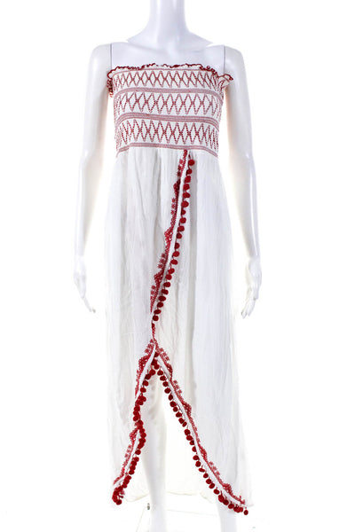 River Island Womens Smocked Strapless Slit Midi Sheath Dress Red White Sz Large