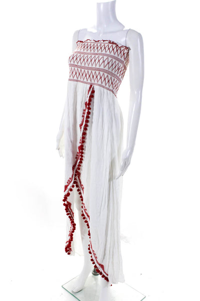 River Island Womens Smocked Strapless Slit Midi Sheath Dress Red White Sz Large