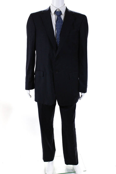 Oscar Oscar de la Renta Mens Pinstripe Two Button Suit Navy Blue Size 44 36