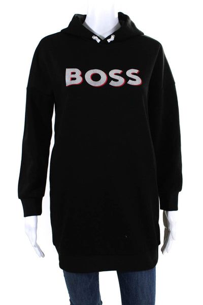BOSS Teens Graphic Wording Long Sleeve Drawstring Hooded Dress Black Size S