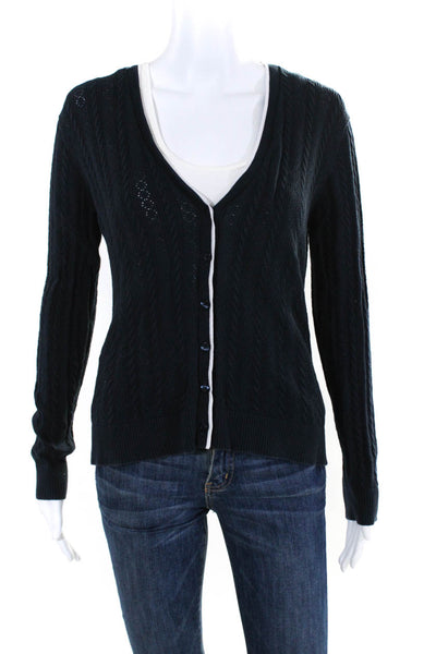 Brooks Brothers Womens Cotton Button Long Sleeve Cable-Knit Cardigan Navy Size M