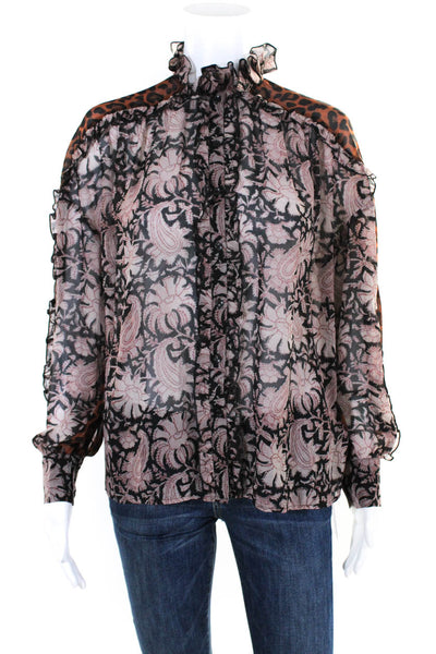 Antik Batik Womens Button Front Leopard Paisley Silk Shirt Brown Black Size XS