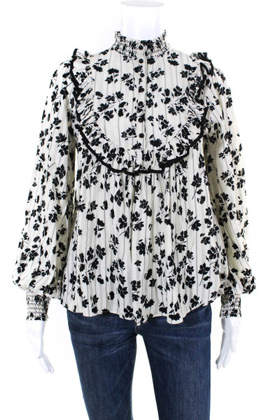 By Timo Womens Long Sleeve Smocked Tirm Ruffled Floral Shirt White Black Size XS