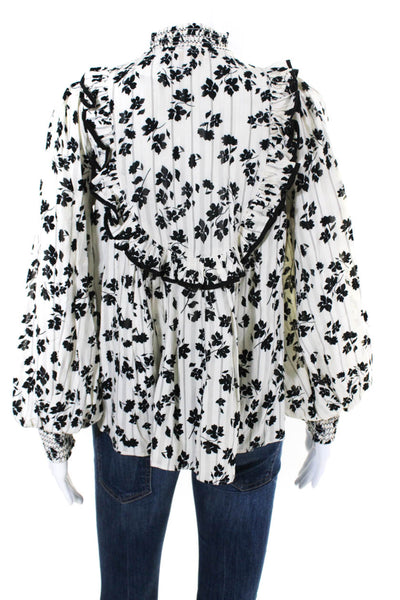 By Timo Womens Long Sleeve Smocked Tirm Ruffled Floral Shirt White Black Size XS