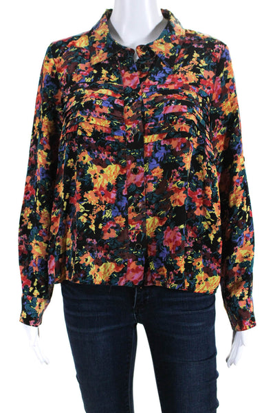 Yumi Kim Womens Button Front Collared Silk Floral Shirt Black Multi Size Medium