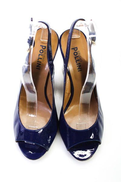 Studio Pollini Womens Block Heel Slingback Sandals Dark Blue Patent Leather 37