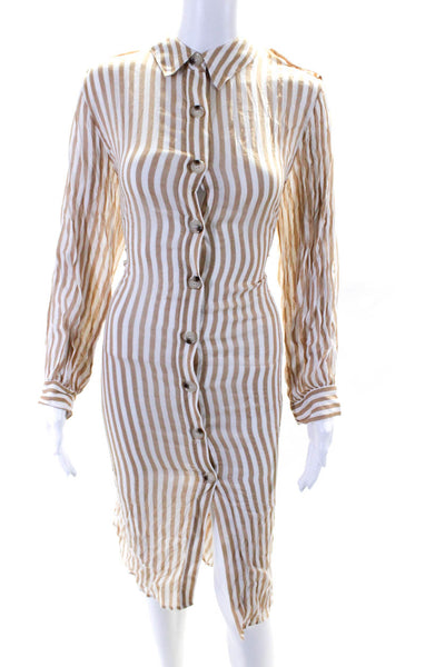 Auguste Womens Striped Button Down Shirt Dress Beige White Cotton Size 2