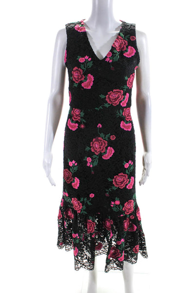 Shoshanna Womens Floral Embroidered Back Zip Textured Sheath Dress Black Size 2