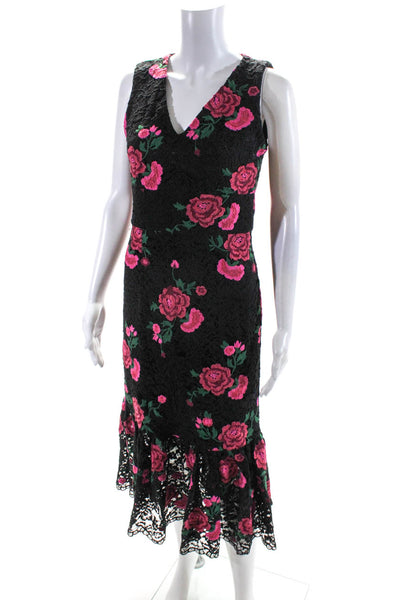 Shoshanna Womens Floral Embroidered Back Zip Textured Sheath Dress Black Size 2