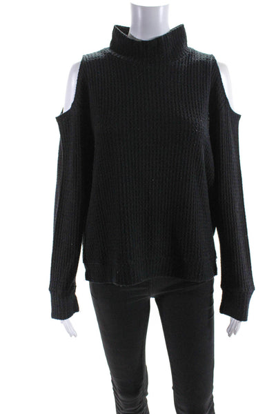 LNA Womens Waffle-Knit Long Sleeve Cold-Shoulder Mock Neck Sweater Black Size L