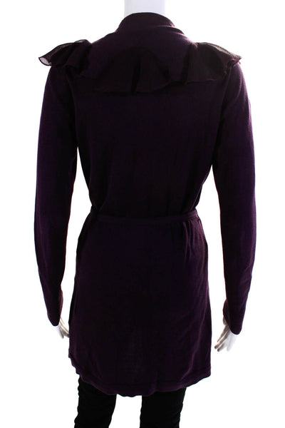 Tahari Womens Ruffled Button Down Cardigan Sweater Purple Cotton Size Small