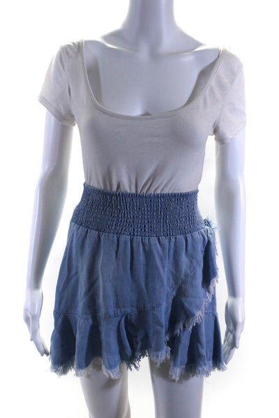 Cindi Gindi Womens Elastic Waist Chambray Fringe Mini Skater Skirt Blue Small