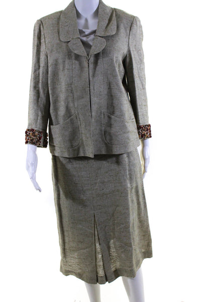 Luca Luca Womens Wooden Beaded Woven Skirt Suit Green Silk Linen Size IT 46 48