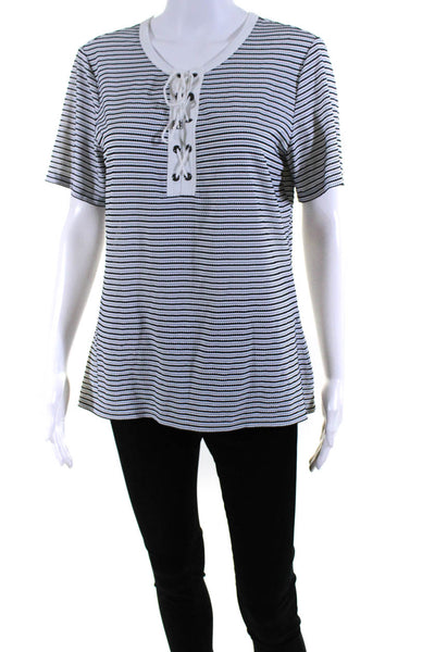 St. John Womens Lace Up Striped Short Sleeve Top Tee Shirt White Black Sz Large