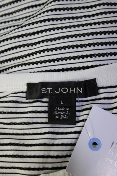 St. John Womens Lace Up Striped Short Sleeve Top Tee Shirt White Black Sz Large