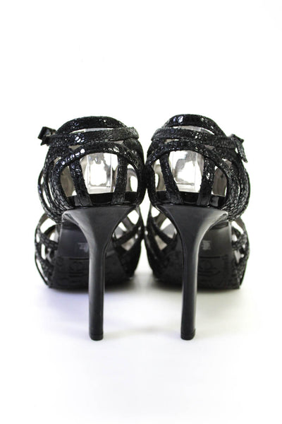 Calvin Klein Womens Snakeskin Print Cage Peep Toe Stiletto Heels Black Size 8.5M
