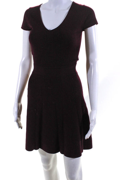 Theory Womens Wool V-Neck Short Sleeve Fit & Flare Dress Burgundy Red Size PP