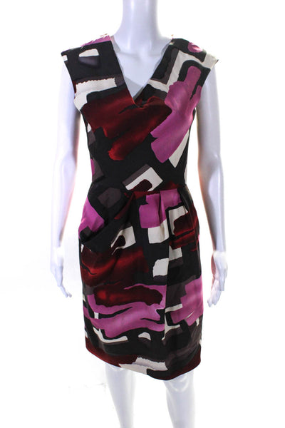 Lela Rose Womens Silk Abstract Print V Neck Dress Multi Colored Size 4