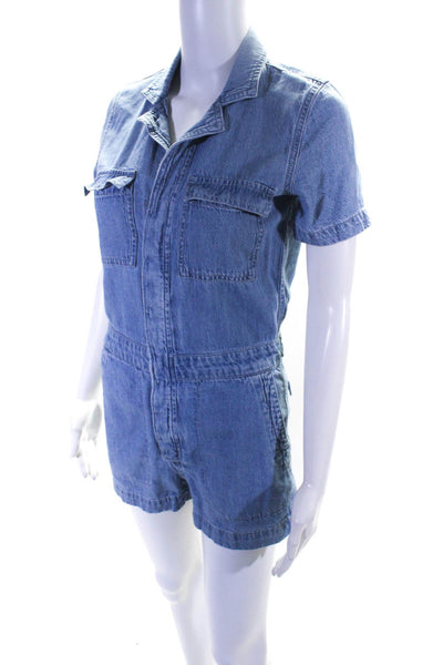 Madewell Womens Cotton Denim Collared Short Sleeve Button Romper Blue Size 2XS