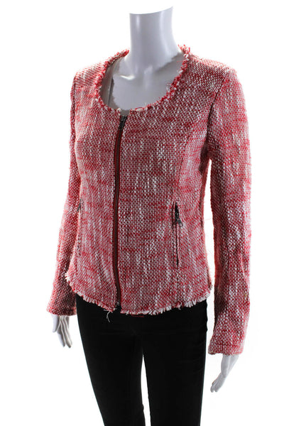 Joie Womens Front Zip Crew Neck Fringe Tweed Jacket Red White Size Small