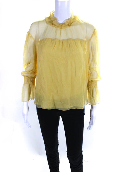 See by Chloe Womens Yellow Silk Ruffle High Neck Long Sleeve Blouse Top Size 38