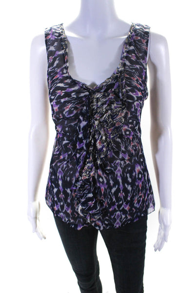 Elie Tahari Womens Sleeveless Metallic Printed Silk Top Navy Blue White Medium