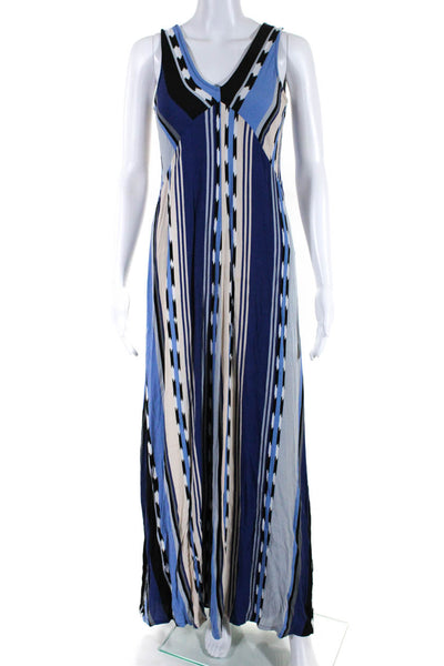 Ella Moss Womens Sleeveless V Neck Printed Maxi Dress Blue White Black Small