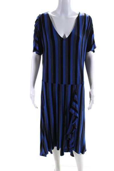 Ella Moss Womens Short Sleeve V Neck Striped Shift Dress Blue Gray Size Small