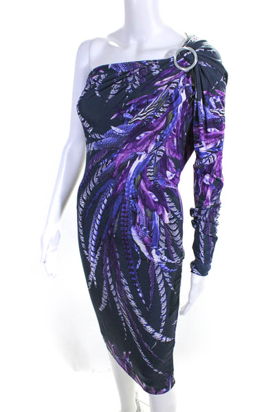 Just Cavalli Womens Feather One Shoulder Knee Length Dress Purple Blue Size 40