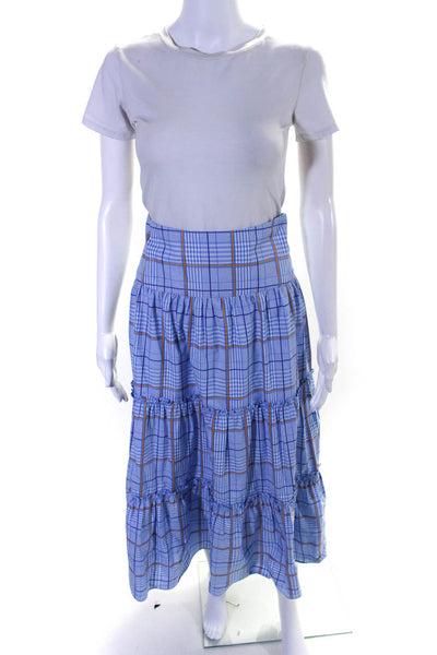 Shoshanna Womens Gingham Tiered Ruffled Midi Skirt Blue White Yellow Size 4