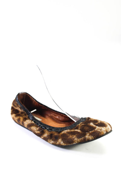 Lanvin Womens Leather Ponyhair Cheetah Print Scrunch Ballet Flats Brown Size 6