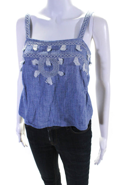Roller Rabbit Womens Cotton Embroidered Adjustable Strap Tank Top Blue Size XS