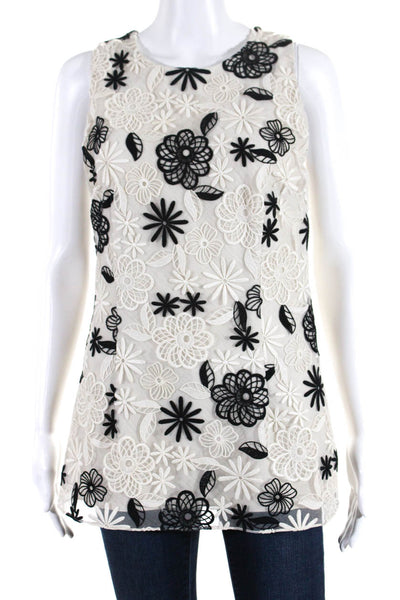 Lela Rose Women's Floral Embroidered Sleeveless Blouse White Black Size 4