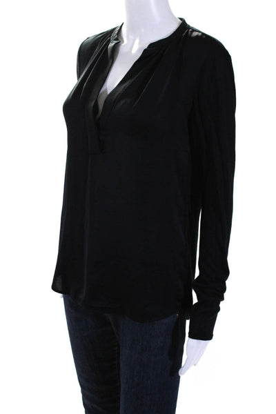 Vince Womens Patchwork V-Neck Long Sleeve Buttoned T-Shirt Black Size XS