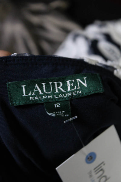 Lauren Ralph Lauren Womens Scoop Neck Floral Fringe Dress Navy Blue White 12
