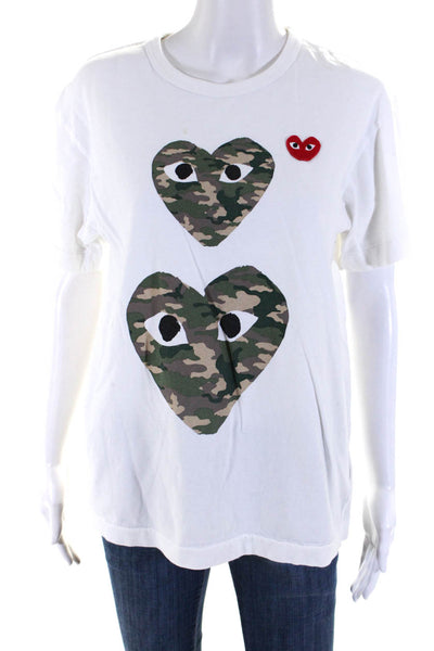 Play Comme Des Garcons Womens White Crew Neck Graphic Print Tee Top Size L