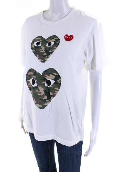 Play Comme Des Garcons Womens White Crew Neck Graphic Print Tee Top Size L