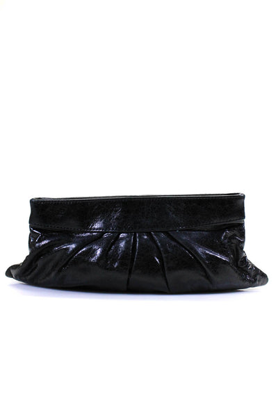 Lauren Merkin Crinkled Leather Glossy Pleated Medium Clutch Handbag Black