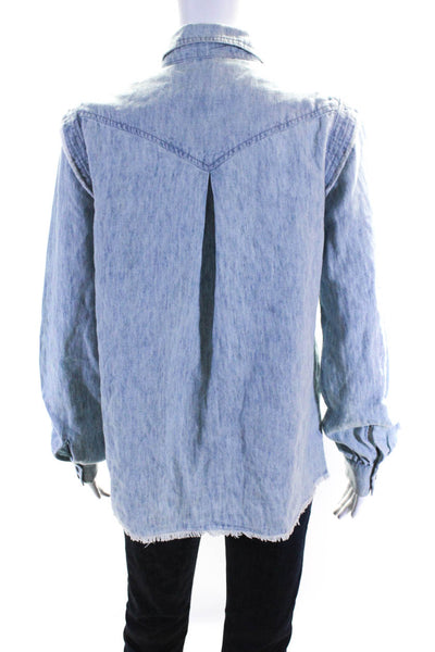 Paige Womens Linen Collared Fringe Hem Button Down Long Sleeve Shirt Blue Size M