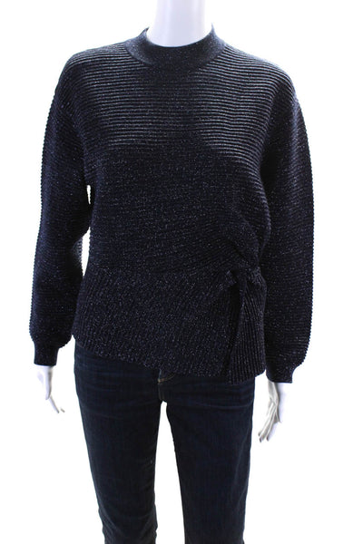Michelle Mason Womens Metallic Ribbed Knit Mock Neck Sweater Navy Size Small