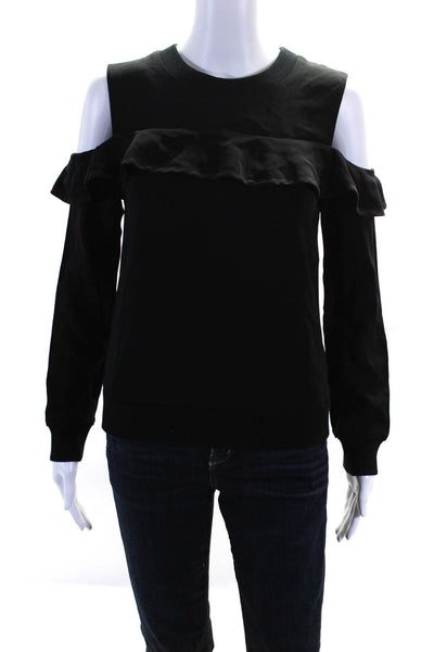 ALC Womens Knit Cuff Off Shoulder Long Sleeve Ruffle Top Blouse Black Size 4