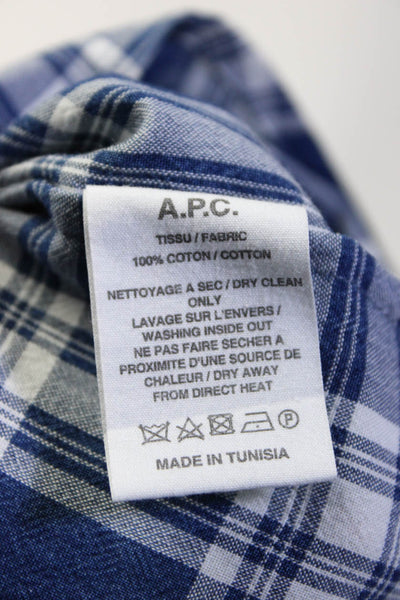 A.P.C. Women's Cotton Plaid Print Short Sleeve Button Up Top Blue Size 38