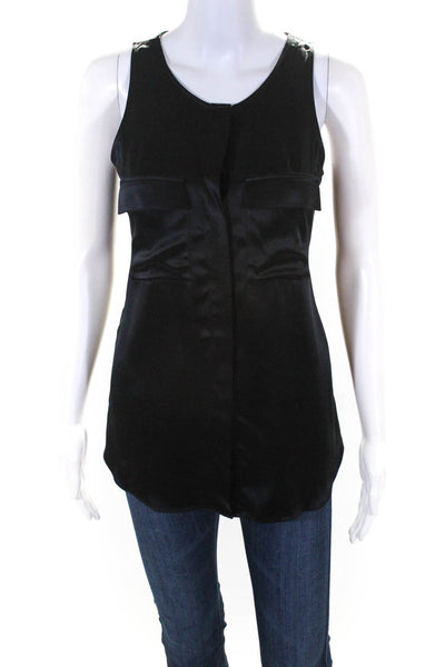 Theory Womens Button Up Satin Pocket Tank Top Blouse Black Silk Size Small