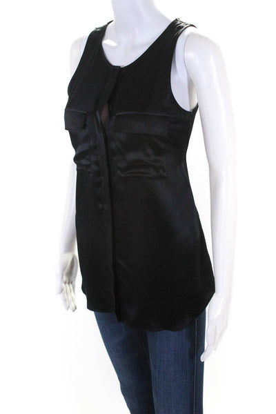 Theory Womens Button Up Satin Pocket Tank Top Blouse Black Silk Size Small