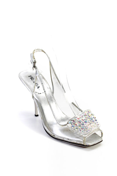 Prada Womens Open Toe Jeweled Slingbacks Pumps Clear Size 38.5 8.5