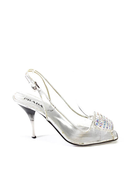 Prada Womens Open Toe Jeweled Slingbacks Pumps Clear Size 38.5 8.5