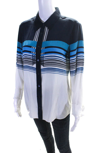 Equipment Femme Women's Silk Button Down Striped Collar Blouse White Blue Size M