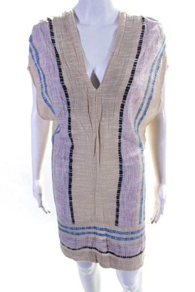 Free People Womens Striped V Neck Sleeveless Tunic Dress Tan Pink Blue Size XS