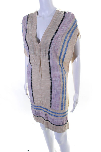 Free People Womens Striped V Neck Sleeveless Tunic Dress Tan Pink Blue Size XS